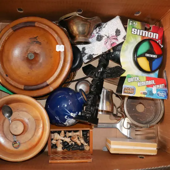 box; chess pieces, Simon game, nut bowls etc