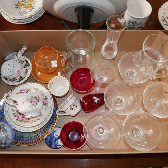 box; etched comports, jug, Royal Albert pink rose trio, ruby glass etc