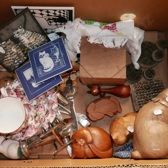 box; tiles, wooden cat figurine, floral trio, flower frogs etc