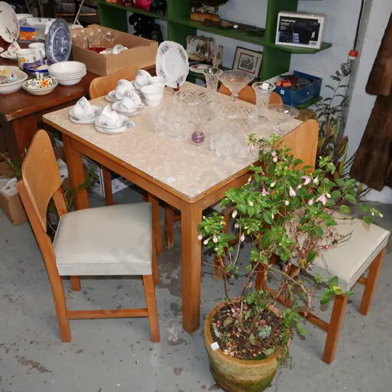 wooden based formica top table with 4 vinyl chairs H-760 W-910 D-760