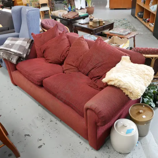 red striped upholstered 3 seater settee with 4 matching cushions