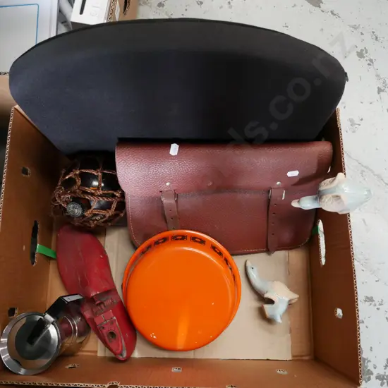 box; old school satchel, enamel bowl, shoe last etc