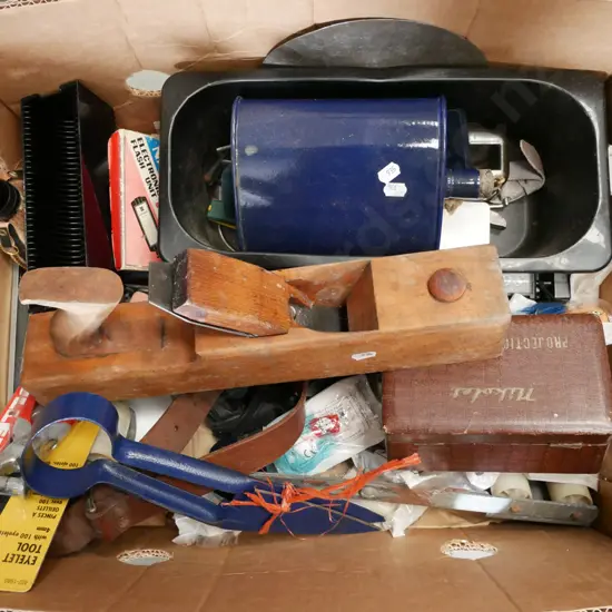 box; wooden hand plane, metal canteen, hand shears etc