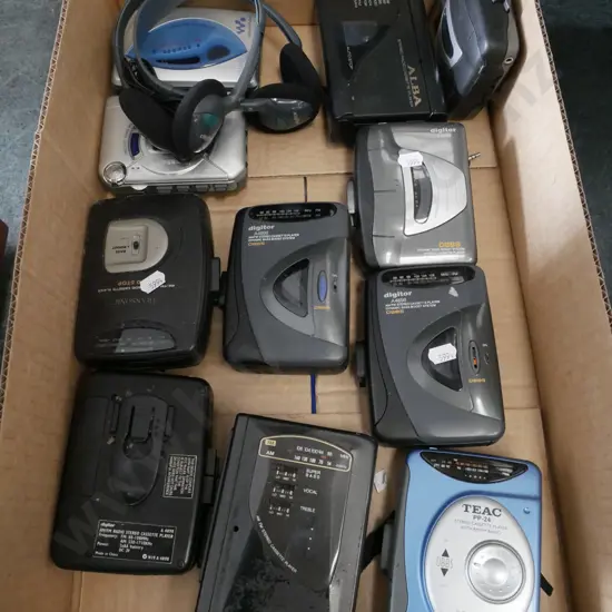 box; various walkmans, 2 pairs of headphones - As Is No Returns