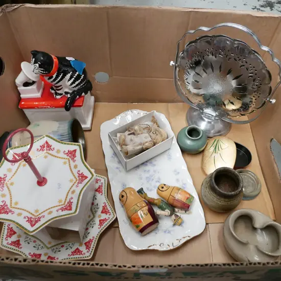 box; musical car figurine, cake plates, miniature teddy bear etc