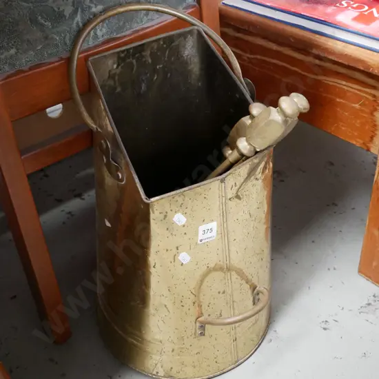 brass coal scuttle, fire utensils