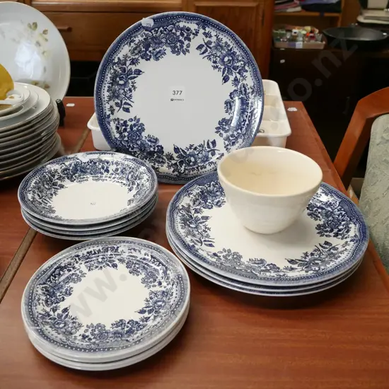 blue and white Crown Lynn plates, bowls, small mixing bowl