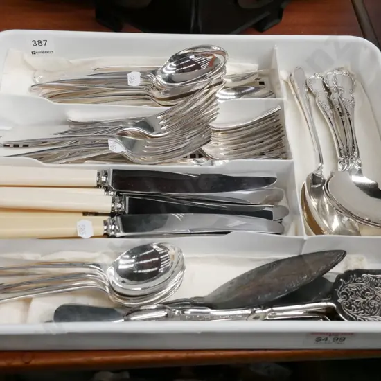 cutlery tray and servers, bone handled knives etc