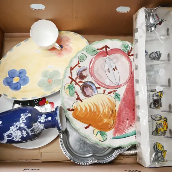 box; cake plates, motor cycle tumblers sets, vase etc