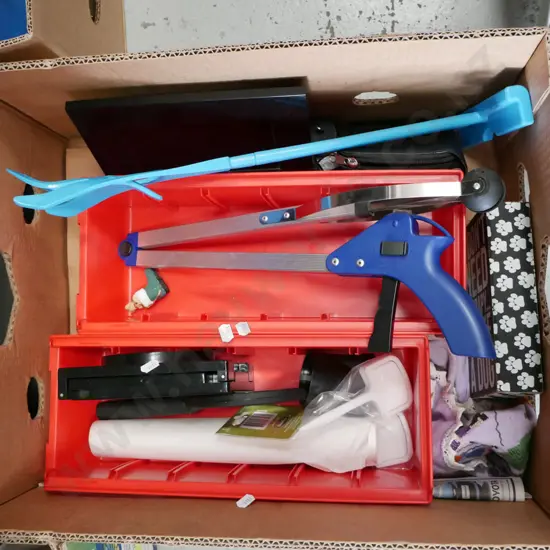 box; magnifying glasses, digital photo frame, workshop storage containers etc