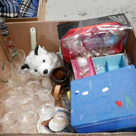 box; plated goblets, glass tumblers, dog figurine etc