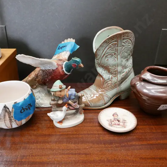 pheasant figurine, ceramic boot, Hanmer bowl, Hummel figurine - chips and repairs