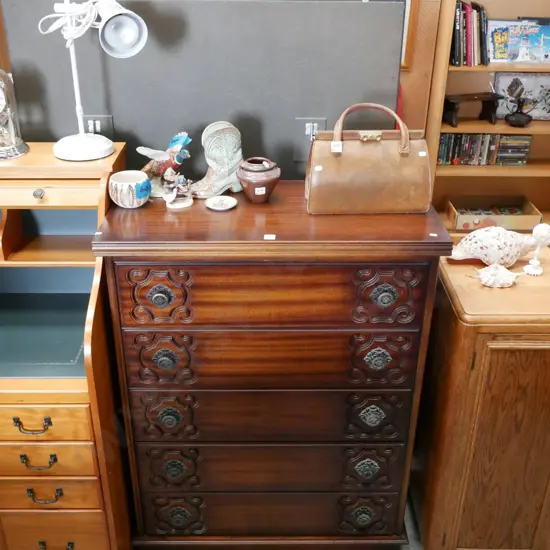 solid wood 5 drawer heavily carved tall boy H-1700 W-815 D-400