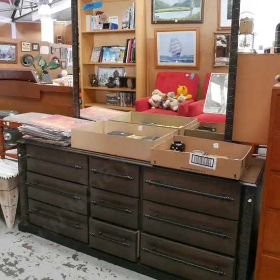 large dark stained mahogany and mdf 12 drawer carved mirror back dresser H-1540 W-1400 D-400