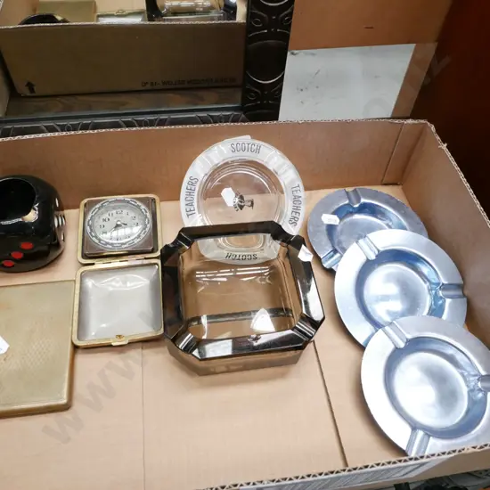 ashtrays, alarm clock, cigarette case