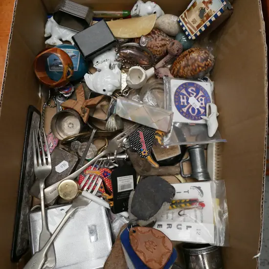 box; cutlery, cigarette tins, ornamental fish etc