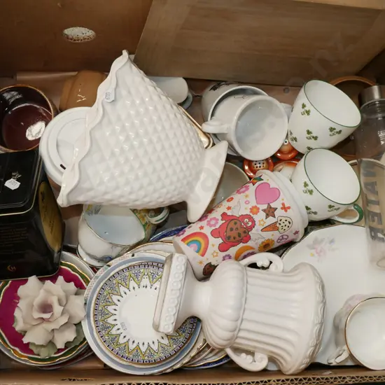 box; vases, cups, saucers, ceramic floral ornaments etc