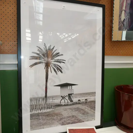 framed poster print - palm tree, lifeguard hut, beach