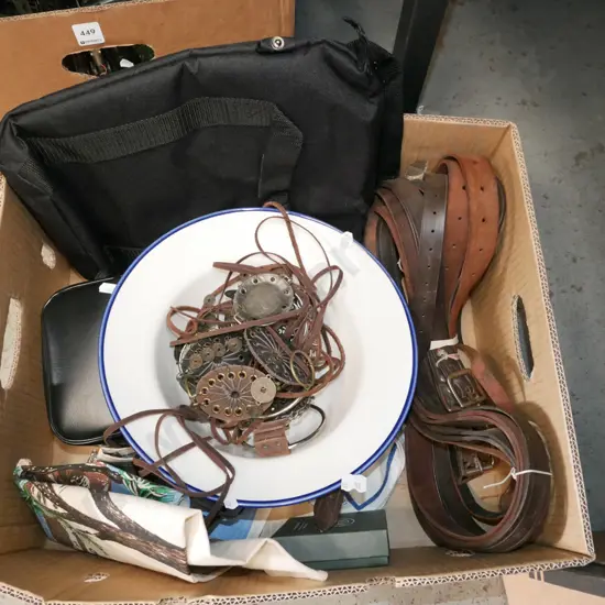 box; large enamel bowl, belts, Jim Beam satchel, tea towels etc