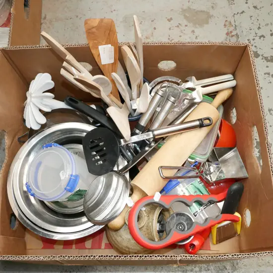 box; wooden spoons, mixing bowls etc