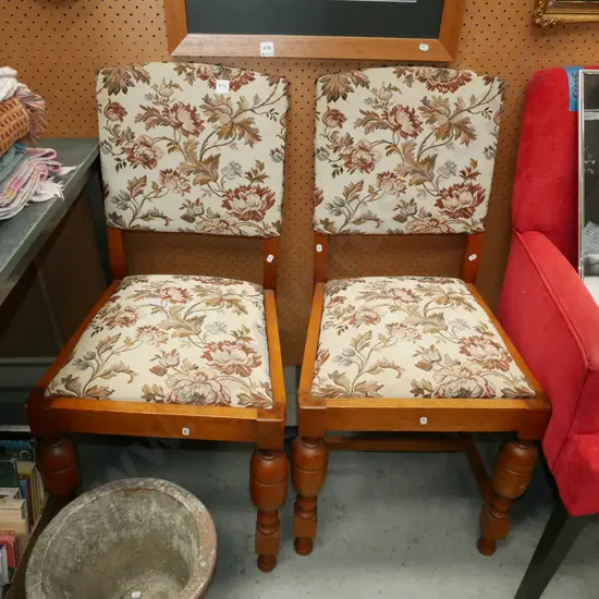 pair of oak floral upholstered turned leg dining chairs