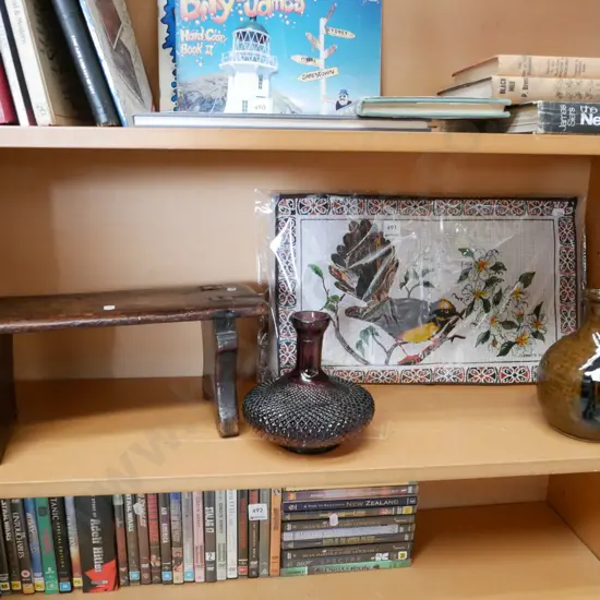 mahogany kneeler, part decanter, placemats etc