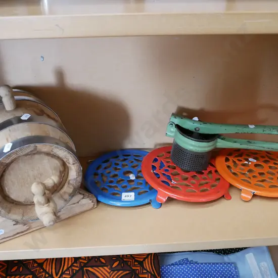 oak barrel, vintage press, trivets