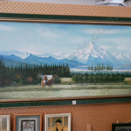 framed oil - farm and mountain scene