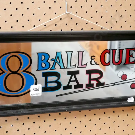framed 8 ball and cue bar mirror sign