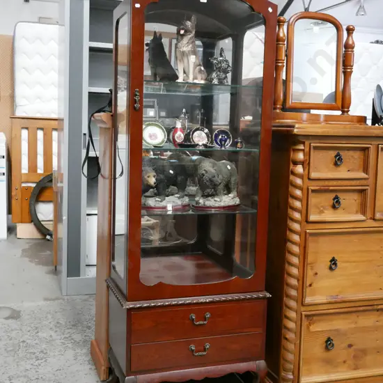 mahogany display cabinet with 2 drawers H-1750 W-585 D-370
