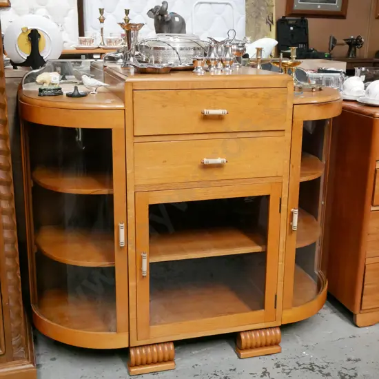 oak sideboard with 2 glazed doors, 2 drawers, small mirror back H-1080 W-1120 W-500 - key in office
