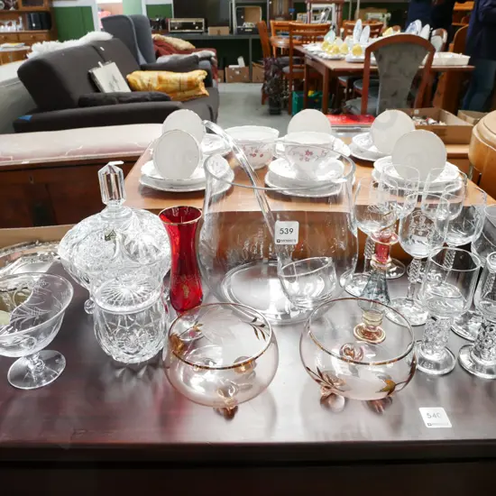 wine glasses, cut crystal pot, footed crystal bowl, amber glass etc