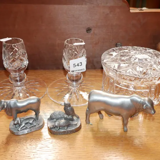 cut crystal candlesticks, cover pot, pewter figurines