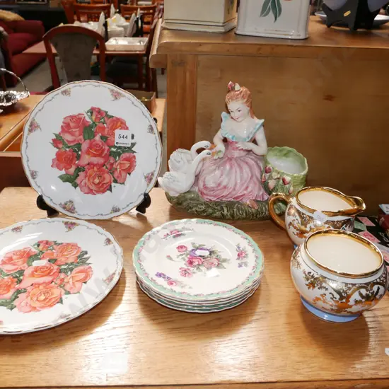 girl and goose figural vase, floral plates, Gibsons creamer and sugar