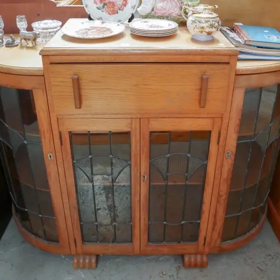 oak bow fronted china cabinet with 4 leadlight doors, 1 drawer H-980 W-1280 D-410