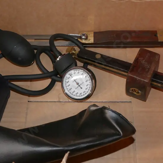 box; blood pressure monitor, angle finder, marker gauge etc