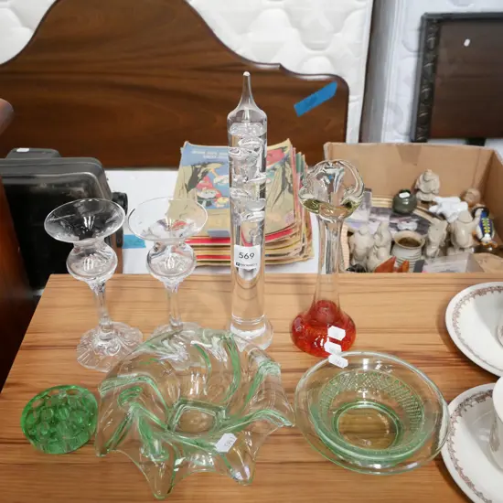 depression glass bowls, flower frog, Galileo thermometer etc