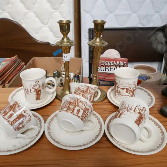 2x brass candlesticks, Crown Lynn colonial coffee mugs etc