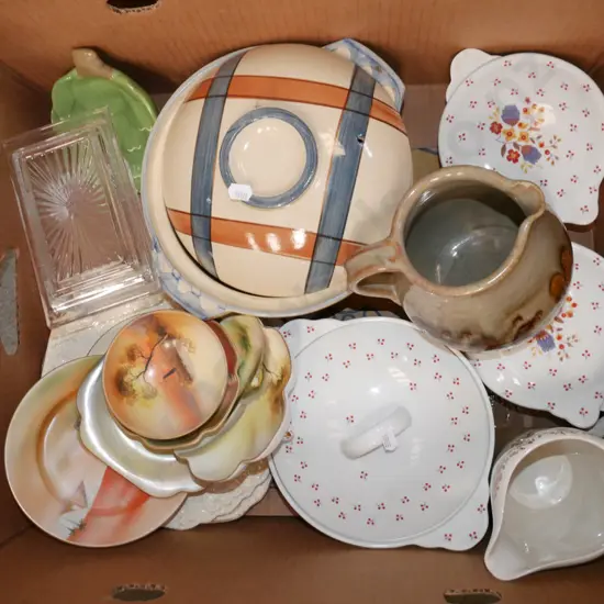 box; casseroles, bowls, glass cover cheese dish, jug etc
