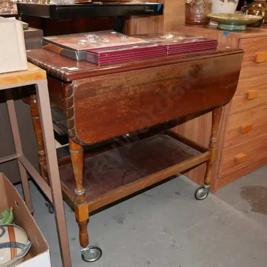 mahogany dropside 2 tier tea trolley with single drawer
