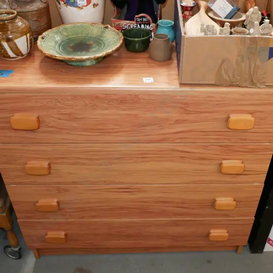 mdf faux wood veneer 4 drawer lowboy - needs attention H-770 W-800 D-410