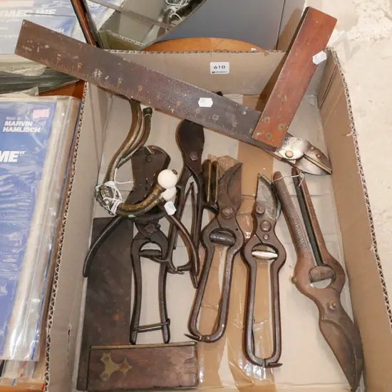 box; vintage snips, builders squares etc