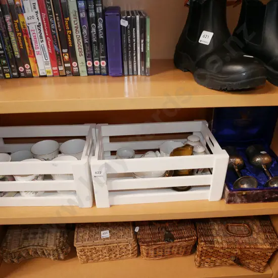 cased goblets 2 wooden crates etc