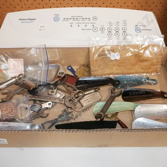 box; shoe horns, bottle openers, matches etc