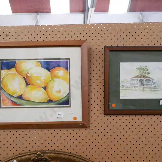 framed watercolours - house, lemons - orange dots