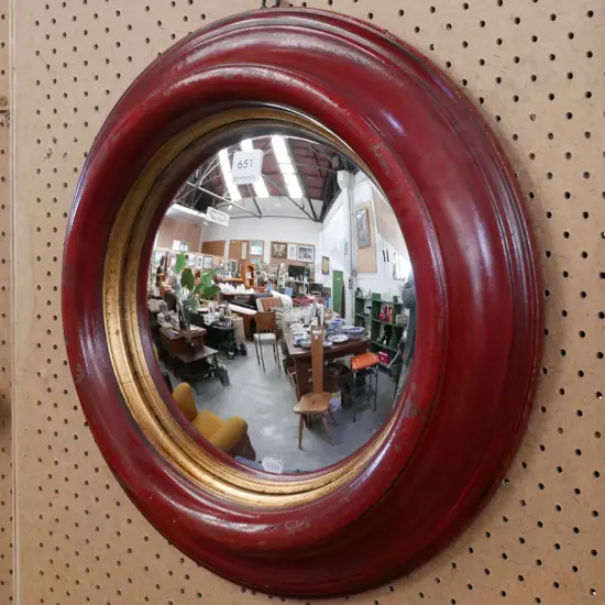 convex circular wood framed wall mirror