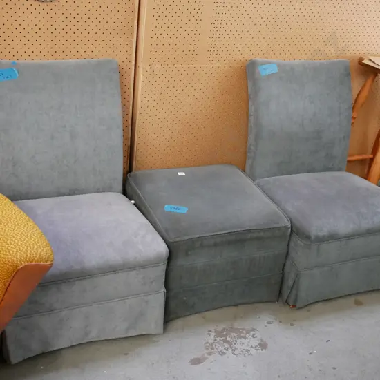 2x blue velvet bedroom chairs with matching ottoman