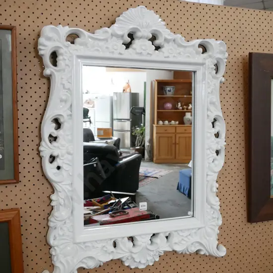 ornate white framed composite wall mirror