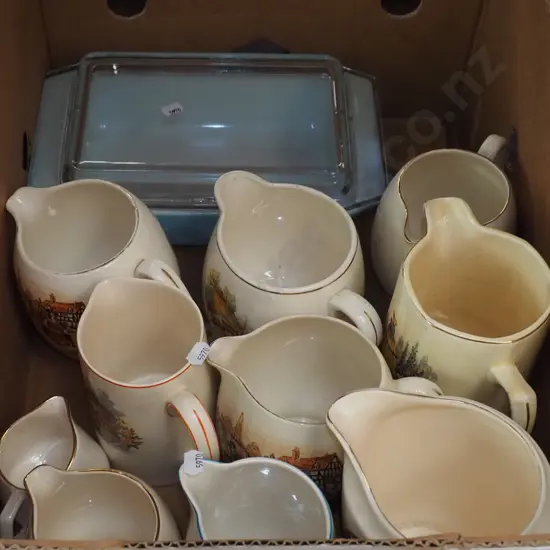 box; various ceramic jugs, retro pyrex baking dish
