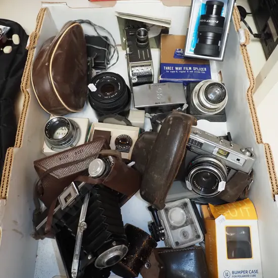 box; various cameras and accessories
